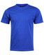 A blue semi-fitted cotton t-shirt with short sleeves and a tag label at the neckline. It features a logo.