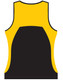 A sleeveless singlet featuring a yellow front and black back, with a logo on it.