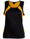 A black and yellow women's sprint singlet with a mesh design, featuring a logo on the front. A black and yellow women's sprint singlet with a mesh design, featuring a logo on the front.