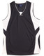 A black and white adults' basketball singlet featuring a v-neck design and side panel details. It has a logo.