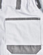 A pair of white unisex cargo work pants featuring grey accents and a large back pocket.