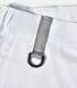 A close-up of a white unisex utility stretch cargo work pant featuring a silver loop and waistband detail.