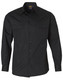 A long-sleeve black cotton work shirt featuring two chest pockets and a button-up front, with a logo on the label. A long-sleeve black cotton work shirt featuring two chest pockets and a button-up front, with a logo on the label.