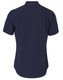 A navy blue short sleeve work shirt featuring a collar and a back yoke, with a branding logo on the label.