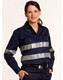 A navy long-sleeve work shirt made from cotton drill, featuring 3M reflective tapes and a logo.