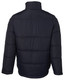 A black puffer jacket featuring a zippered front and a high collar, with a branding logo on the back.