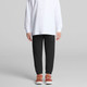 Track pants in dark grey, paired with a long-sleeve white top and red-orange shoes, featuring a logo. Track pants in dark grey, paired with a long-sleeve white top and red-orange shoes, featuring a logo.
