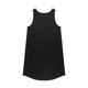 A black sleeveless dress with a slightly curved hemline and a simple design. It features a branding logo.