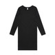 A black long-sleeve dress with a simple, sleek design and a tag featuring a logo.