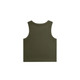 An olive green ribbed crop tank top featuring a simple, sleeveless design and a logo. An olive green ribbed crop tank top featuring a simple, sleeveless design and a logo.