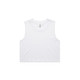 A white crop tank top with a round neckline and no sleeves, featuring a small logo.