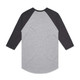 A grey and black raglan tee with three-quarter sleeves, featuring a logo on the back side.