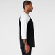 A black and white raglan t-shirt featuring three-quarter length sleeves and a logo on the chest.