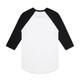 A raglan tee featuring a white body with black sleeves. The back view showcases the contrasting colours and a logo.