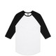 A Raglan Tee featuring a white body with black three-quarter sleeves and a round neckline. It has a brand logo. A Raglan Tee featuring a white body with black three-quarter sleeves and a round neckline. It has a brand logo.