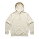 A cream hoodie with a front pocket and drawstring hood. It has a logo on the chest area.