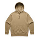 A khaki hoodie featuring a front pocket and an adjustable drawstring hood. It has a brand logo.