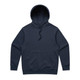 A navy blue hoodie with a front pocket and an adjustable hood. The hoodie has a logo on it.