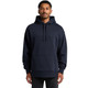 A navy blue hoodie with a front pocket and a drawstring hood, featuring a small logo.