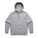 A grey hoodie featuring a front pocket and a drawstring hood, with a logo on the front.