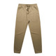A pair of beige track pants with an elastic waistband and cuffs, featuring a drawstring and a logo.