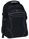 A black backpack featuring multiple compartments, adjustable straps, and a logo on the front.