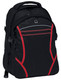 A black backpack with red accents and a front pocket, featuring a logo on the side.