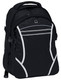 A black backpack featuring white accents and multiple zippers, with a logo on the front.