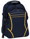 A navy blue backpack with yellow accents, featuring multiple compartments and a logo on the front.
