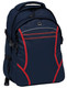 A navy blue backpack with red accents and a logo, featuring various compartments and adjustable straps.