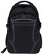 A black backpack features multiple compartments, padded straps, and a mesh side pocket, with an emblem on the front.