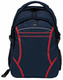 A navy blue backpack with red accents, featuring multiple compartments and a side mesh pocket. It has a logo on the front.