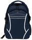 A navy blue backpack with white accents, featuring multiple zippered compartments and a side mesh pocket.