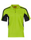 A short-sleeved safety polo in bright yellow with black accents and a chest pocket, featuring a logo. A short-sleeved safety polo in bright yellow with black accents and a chest pocket, featuring a logo.
