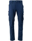 Unisex cotton stretch ripstop work pants in navy blue with side pockets and a fitted design. Features a logo.