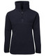 A navy 1/2 zip polar fleece jacket with a high collar and a zippered front. It features a solid design and has a logo.
