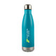 A drink bottle in bright turquoise with a stainless steel base and a logo on its surface.