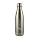 A drink bottle made of stainless steel, featuring a sleek silver finish and a logo on the side.