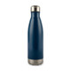 A drink bottle in a sleek dark blue color with a stainless steel bottom and a silver cap. It features a logo.