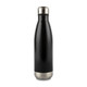 A drink bottle made of stainless steel, featuring a sleek black finish and a silver base. It has a logo.