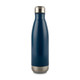 A drink bottle in navy blue with a stainless steel base and a silver-coloured lid. Features a logo.