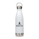 A drink bottle in white with a stainless steel base and a hanger lid, featuring a logo.