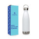 A drink bottle with a stainless steel bottom, white body, and a hanger lid, packaged in a blue box with branding.