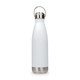 A drink bottle in white with a stainless steel base and a hanger lid, featuring a logo.