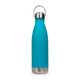 A drink bottle in bright teal with a silver stainless steel base and a metal hanger lid.