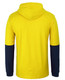 A bright yellow long-sleeve cotton tee with a navy blue hood and sleeves, featuring a logo. A bright yellow long-sleeve cotton tee with a navy blue hood and sleeves, featuring a logo.