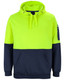 A high-visibility hoodie in bright yellow and navy, featuring a front pocket and a logo on the sleeve.