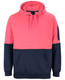 A pink and navy hoodie with a front pocket and a logo on the sleeve. Ideal for workwear or casual wear.