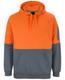 An orange and grey hoodie featuring a front pocket and a logo. Designed as workwear for comfort and durability.