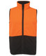An orange and black vests with a zip front and high collar, featuring side pockets and a logo.